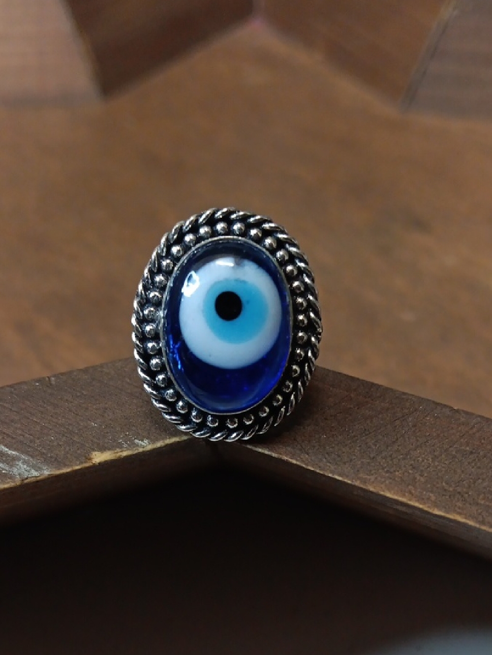 Evil Eye Oval Ring with Twisted Rope Frame - Blue